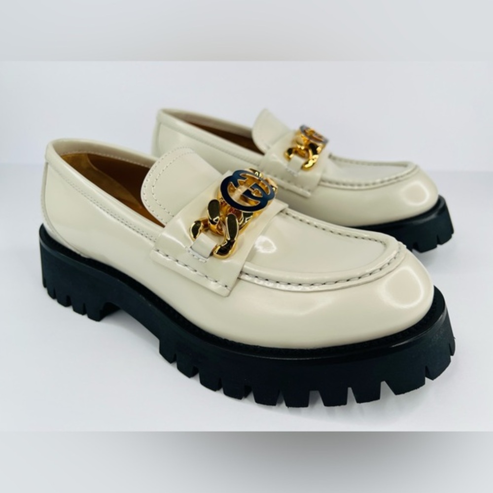 Gucci Jeanne GG Logo Chain Cordovan Lux Moc Toe Platform Loafers Size EU 40